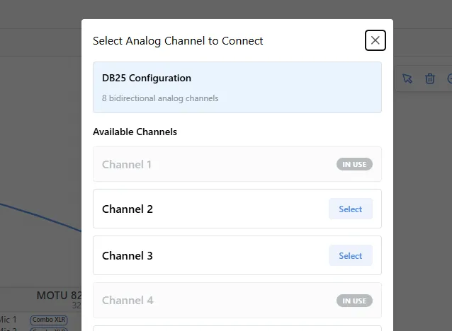 Selecting a DB25 channel to connect